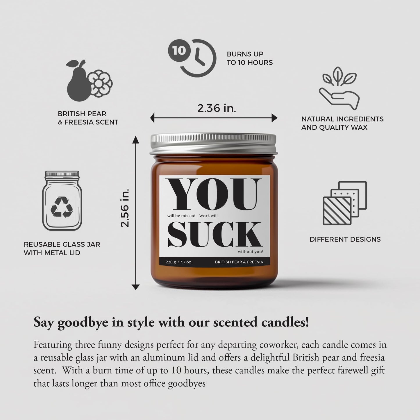 7.7oz Funny Candles for Coworkers by SIKO - British Pear & Freesia - Natural Soy Wax, Non-Toxic, Long-Lasting Aromatherapy Candle with Gift Card - Coworker Leaving Gifts for Women & Men - (You Suck)