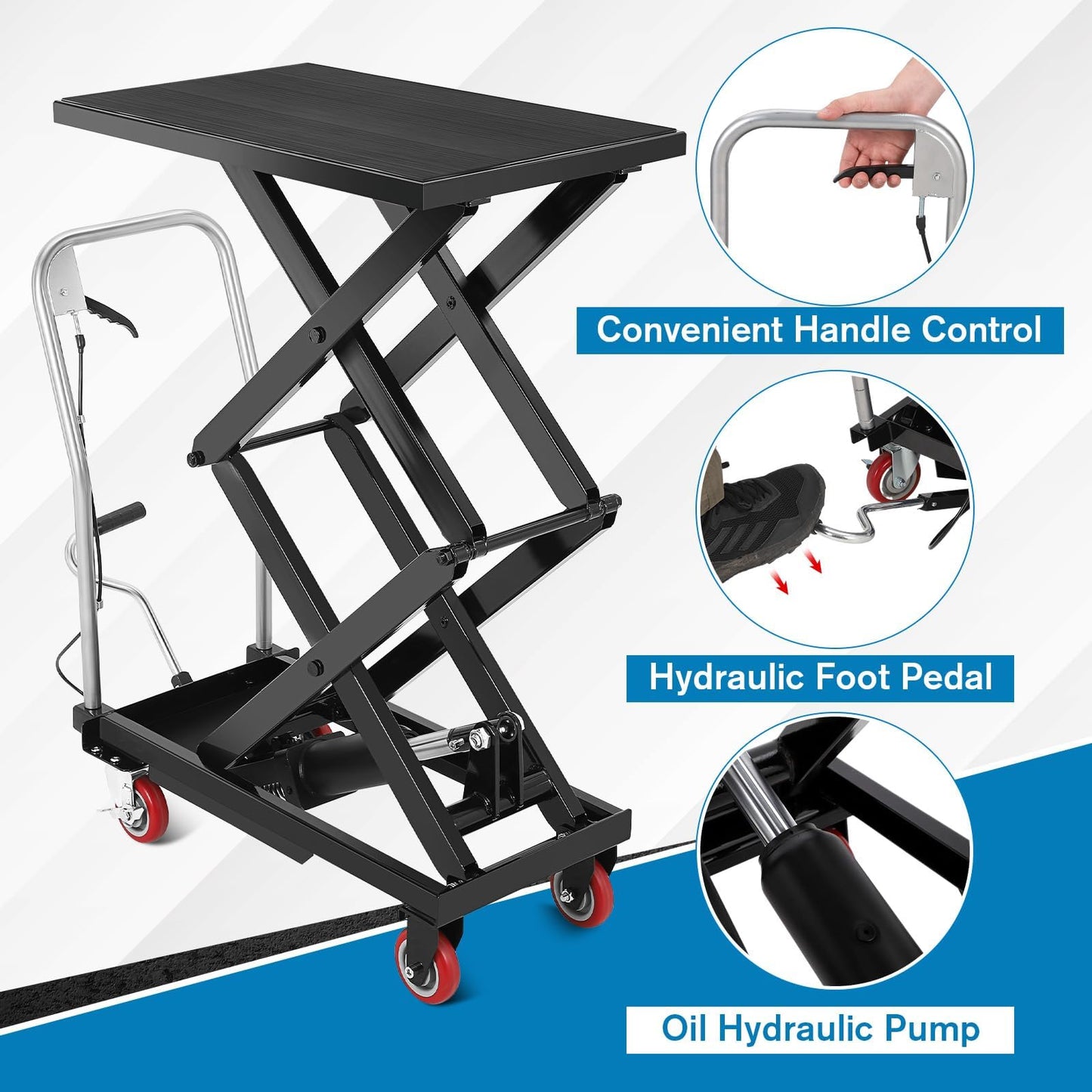 Hydraulic Lift Table Cart, 330lbs Capacity 50" Lifting Height Hydraulic Table Cart, Double Scissor Lift with Non-Slip Pad for Material Handling and Transportation, Black