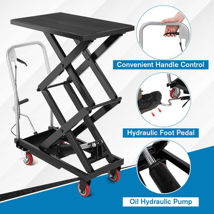 Hydraulic Lift Table Cart, 330lbs Capacity 50" Lifting Height Hydraulic Table Cart, Double Scissor Lift with Non-Slip Pad for Material Handling and Transportation, Black