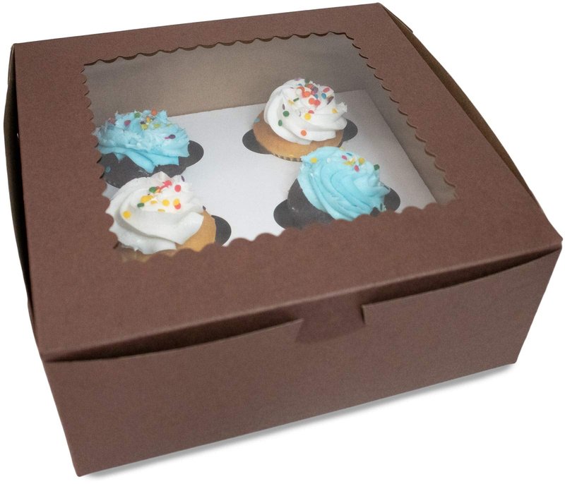 Made in USA 10" X 10" X 4" Recycled Chocolate Kraft Boxes for 6 Cupcakes with Scalloped Window & Inserts (Pack of 10 – Front Loading)