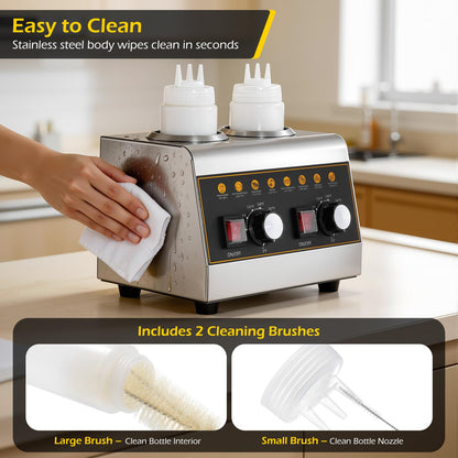 Dyna-Living Electric Sauce Warmer - 500W Nacho Cheese Warmer Dispenser with Removable Storage Rack, Commercial Sauce Bottle Warmers for Hot Fudge Ketchup Chocolate Cheese with 650ml Squeeze Bottle*2