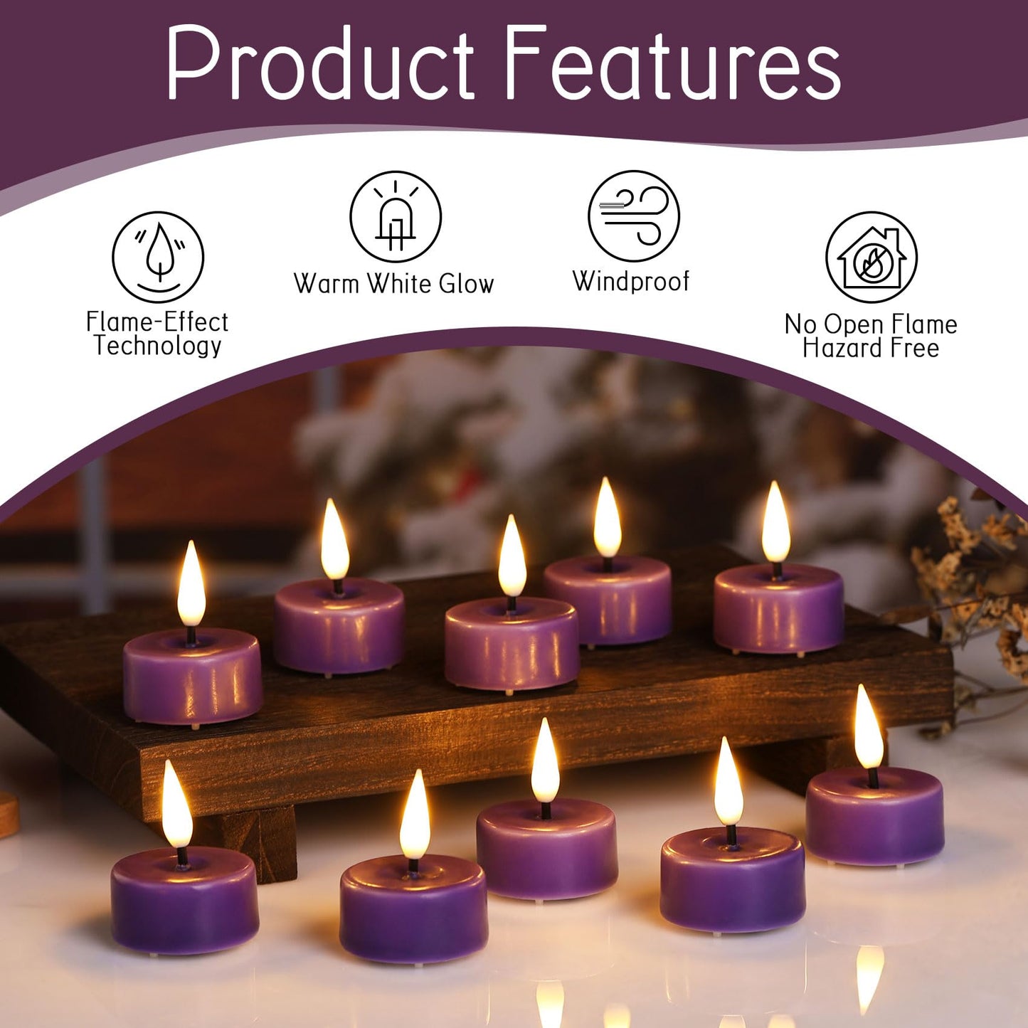 Eywamage Purple Flameless Wax Tealights with Remote Batteries, Flickering LED Tea Votive Candles Set of 10