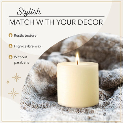 3 Pack Pillar Candles, Unscented Candles for Home, Church, Weddings Dinners and Home Decor, Dripless, Smokeless, and Clean-Burning (Ivory)