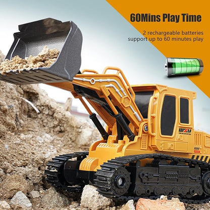 Remote Control Front Loader - Metal Shovel LED Working Lights Music &amp 2 Rechargeable Batteries Construction Toys for Boys Age 4 5 6 7 8 Birthday Gift