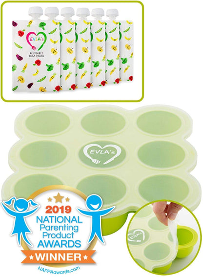EVLA'S Baby Food Freezer Trays & Reusable Food Pouches Meal Prep Combo for Babies and Toddlers, Baby Food Containers & Meal Storage Perfect for Serving Homemade Healthy Smoothies & Purees