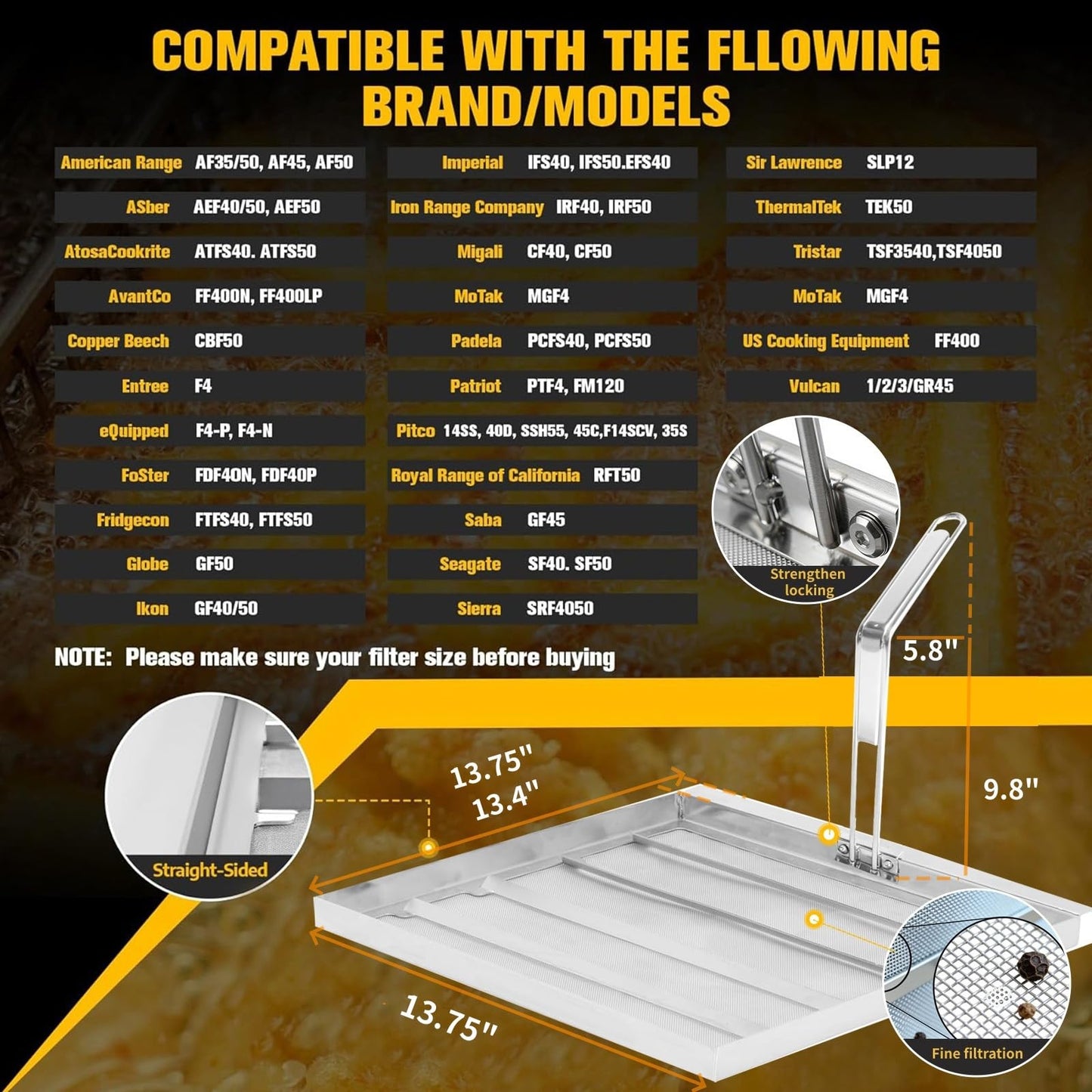Upgraded AF45 Fryer Filter TK45 Commercial Deep Fryer Filter Strainer 13.75" x 13.75" 550 Micron 304 Stainless Steel, +20% Thickened, Extend Oil Life by 50%