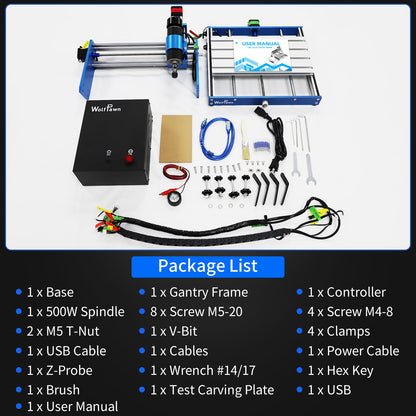 WolfPawn 3018 500W CNC Router Machine All Metal Structure 3 Aixs CNC Engraving Machine with Emergency Stop Button and Limit Switches for Wood Acrylic MDF Nylon Carving, Working Area 300X180X60mm