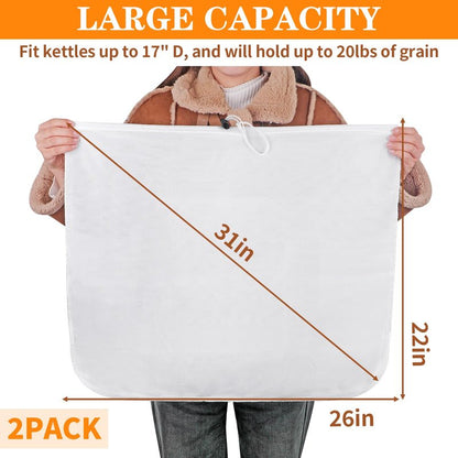 Brew Bags, 2 Pack Extra Large Reusable Straining Bag, 26"x22", 250 Micron Fine Mesh Strainer Bag with Adjustable Drawstring for Home Brewing Hops Grains Fruit Wine Beer Making Brew in a Bag Supplies
