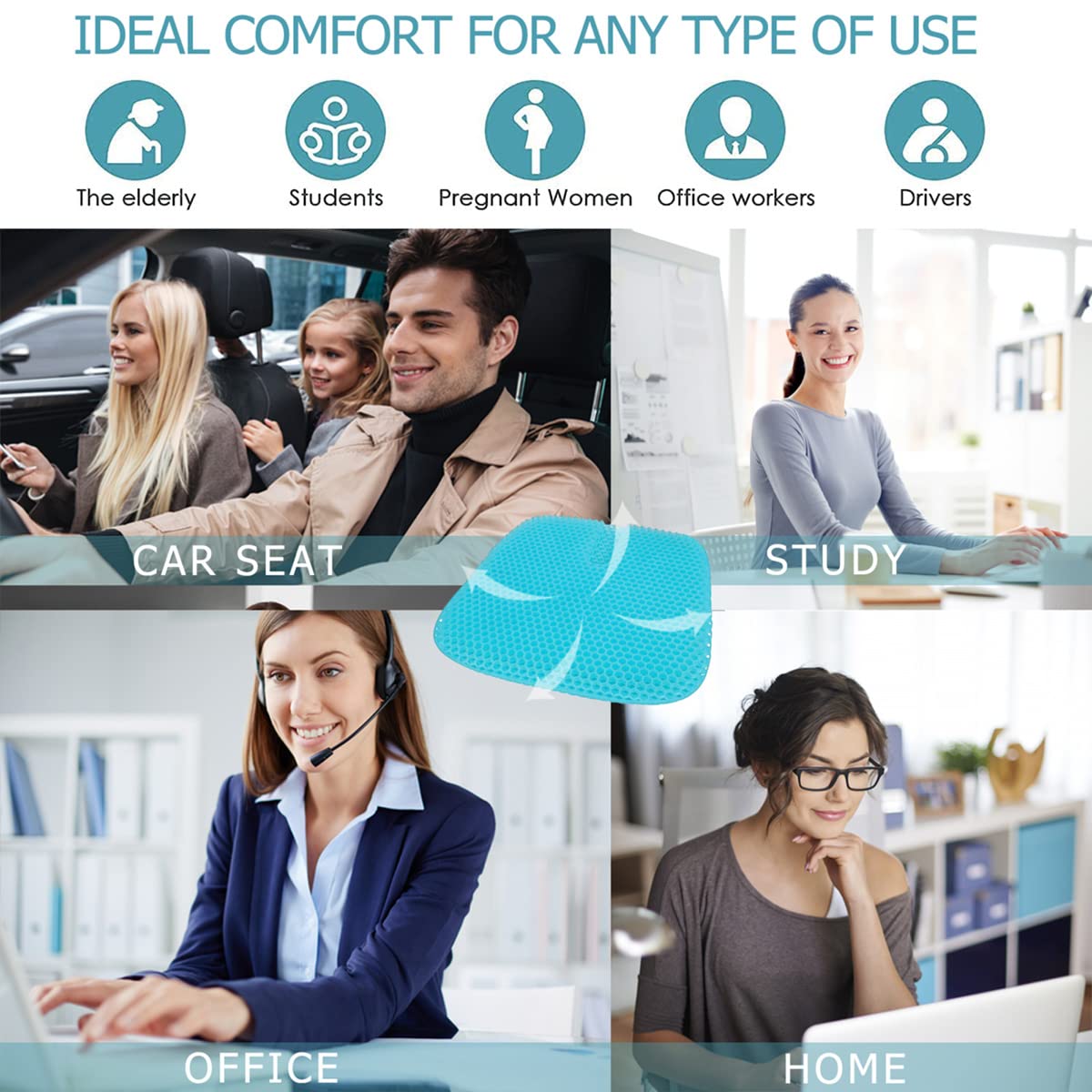 masteymoh Gel Seat Cushion for Long Sitting, Gel Cushions for Pressure Sores Relief, 18.5x17.3x1.2 Inches Cooling Gel Car Seat Cushion, Seat Cushions for Office Chairs with Breathable Nonslip Cover