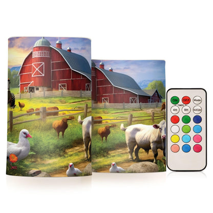 GOODOLD Flameless Candles with Remote Control and Timer, Farm Animals Pattern Flickering Candles Battery Operated LED Pillar Candles, Warm Light for Home Decor, Set of 2 (D 3" x H 4" 5")