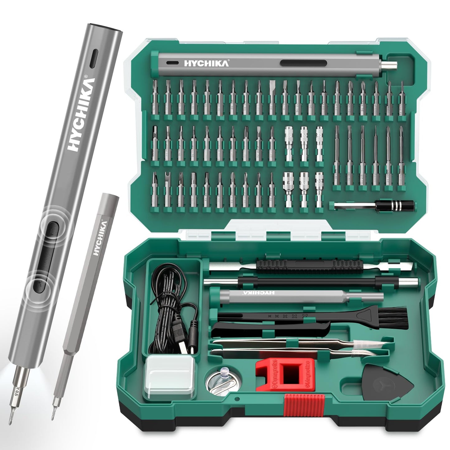 HYCHIKA Precision Screwdriver Set, Mini Electric Screwdriver 67-in-1 with 52 Magnetic Bits, 3 Torque Settings, LED Light & Rechargeable Repair Tool Kit for Computer Phone Camera