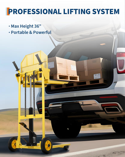 Hydraulic Material Lift with Steel Platform Board, 440lbs Capacity Pallet Truck Dolly, Lift Table, 36" Max Lift Winch Stacker, Multifunctional Hydraulic Hand Truck Fork Lift, Adjustable Forks