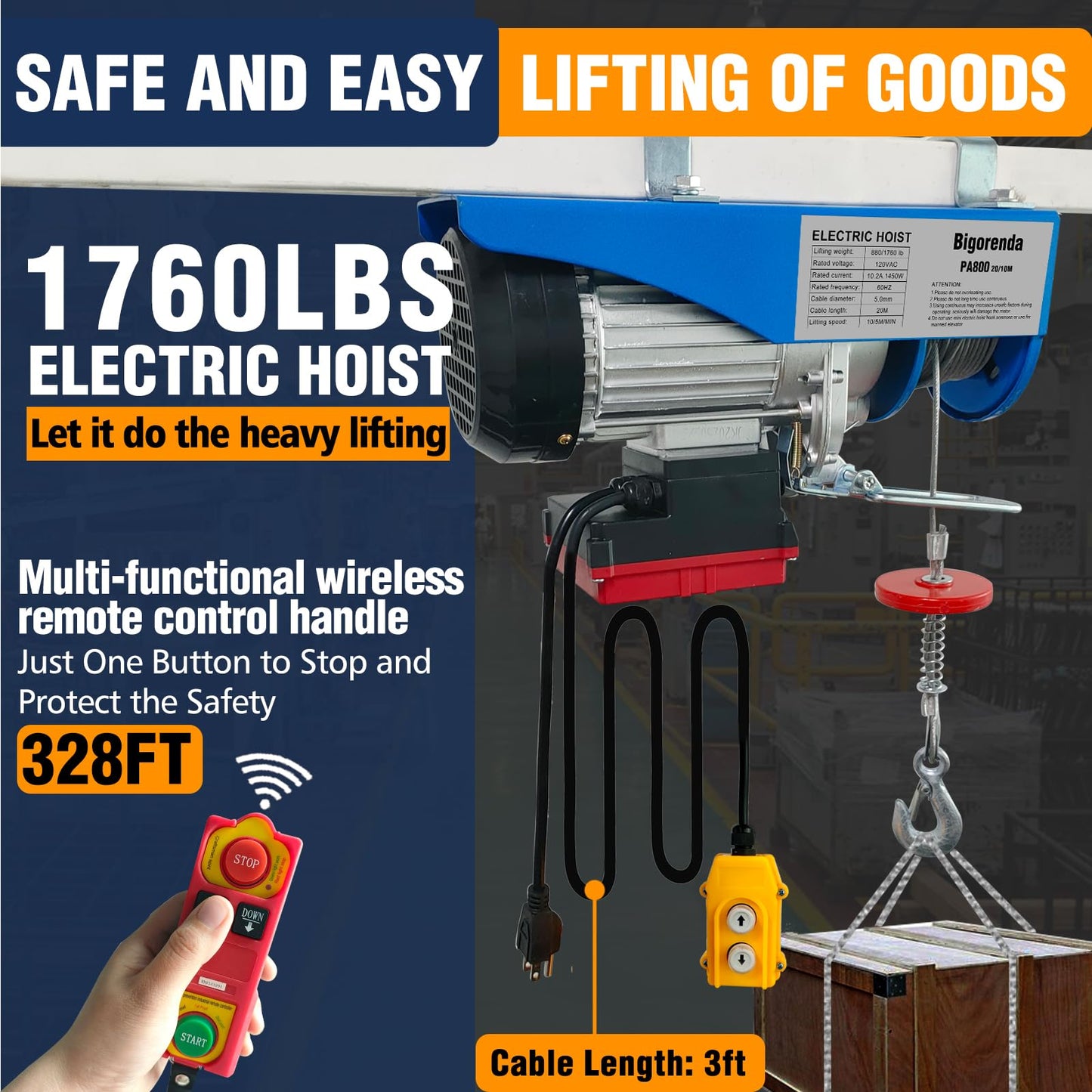 Bigorenda 1760lb Electric Hoist with Remote Control/Wired Control, Electric Hoist 2 in 1, 110v Electric Hoist with Single/Double Slings,65.6/33ft Lifting Height, for Factory Attic Garage Warehouse