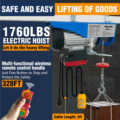 Bigorenda 1760lb Electric Hoist with Remote Control/Wired Control, Electric Hoist 2 in 1, 110v Electric Hoist with Single/Double Slings,65.6/33ft Lifting Height, for Factory Attic Garage Warehouse