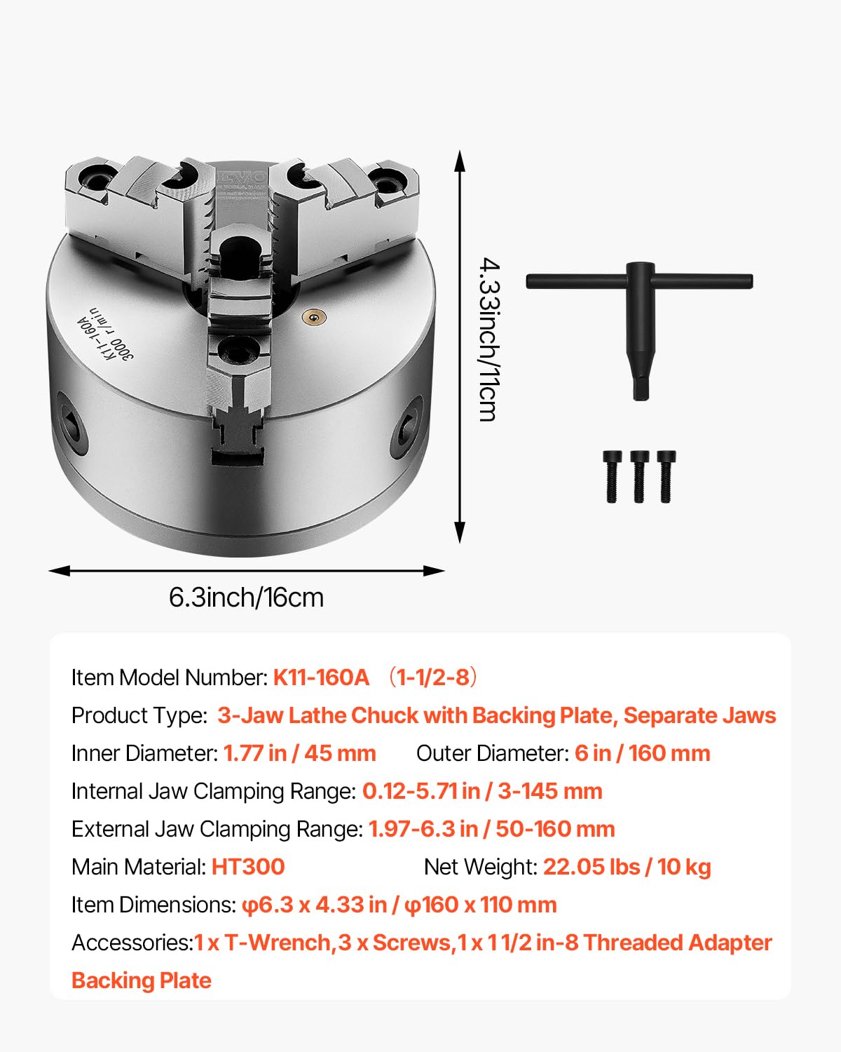 VEVOR 3-Jaw Lathe Chuck, 6 Inch (160 mm), Self-Centering Chuck with 1 1/2 in-8 Threaded Backing Plate, 0.12-5.71 in (3-145 mm) Clamping Range with T-wrench Screws, HT300 Material, for Wood Metal Lathe