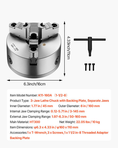 VEVOR 3-Jaw Lathe Chuck, 6 Inch (160 mm), Self-Centering Chuck with 1 1/2 in-8 Threaded Backing Plate, 0.12-5.71 in (3-145 mm) Clamping Range with T-wrench Screws, HT300 Material, for Wood Metal Lathe