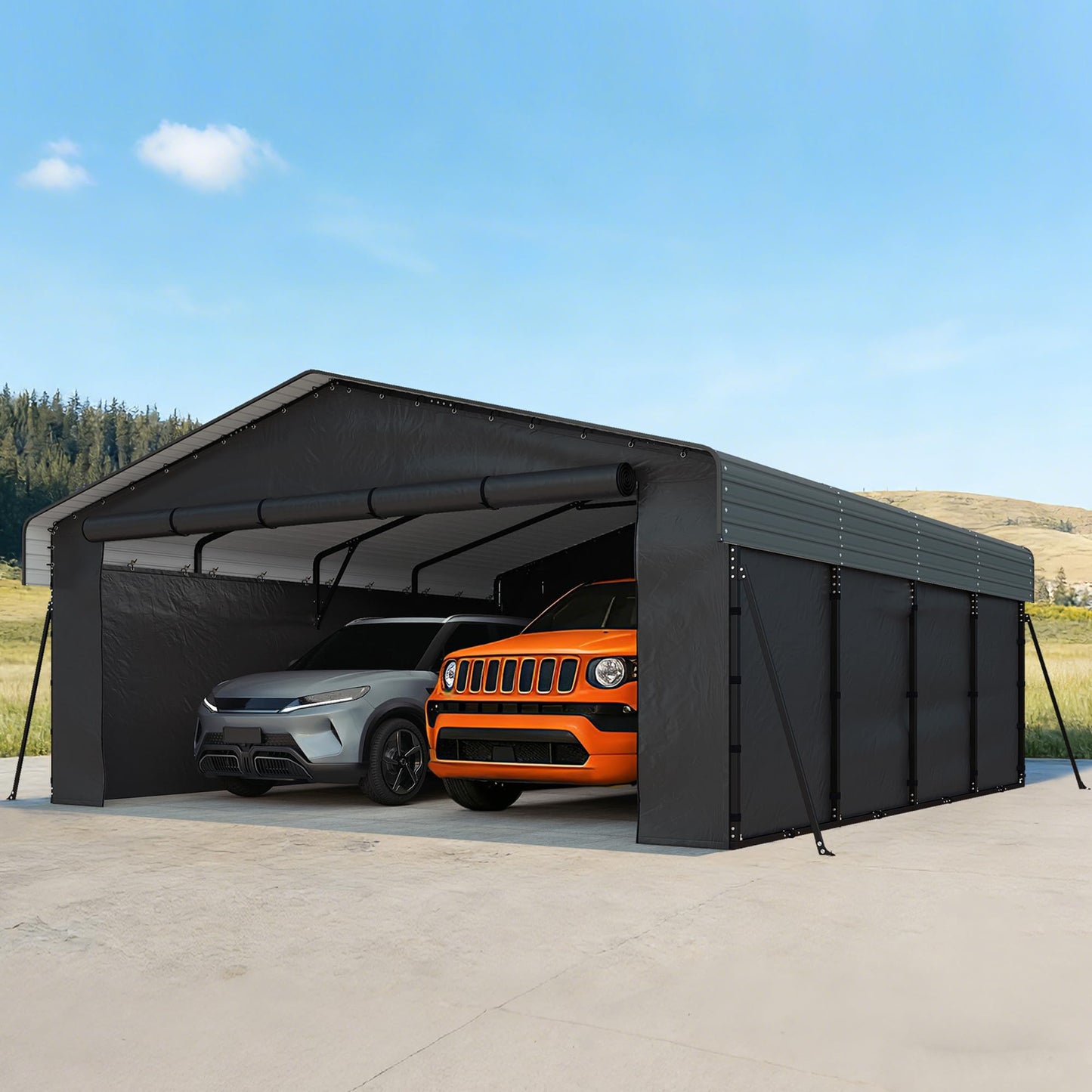 Real Relax 20x20FT Heavy Duty Metal Carport, All-Weather Galvanized Steel Enclosed Car Canopy with Roll-Up Door, Reinforced Base for 2 Cars, Trucks, Boat, Gray