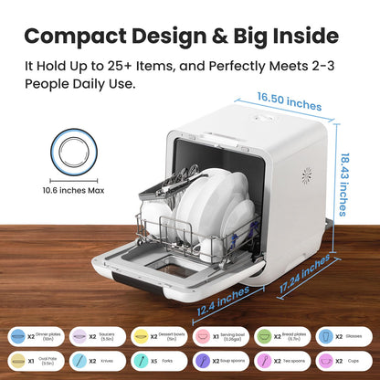 COMFEE' Countertop Dishwasher, Portable Dishwasher with 6L Built-in Water Tank, Mini Dishwasher with More Space Inside, 7 Programs, UV Hygiene& Auto Door Open, for Apartments, Dorms& RVs, White