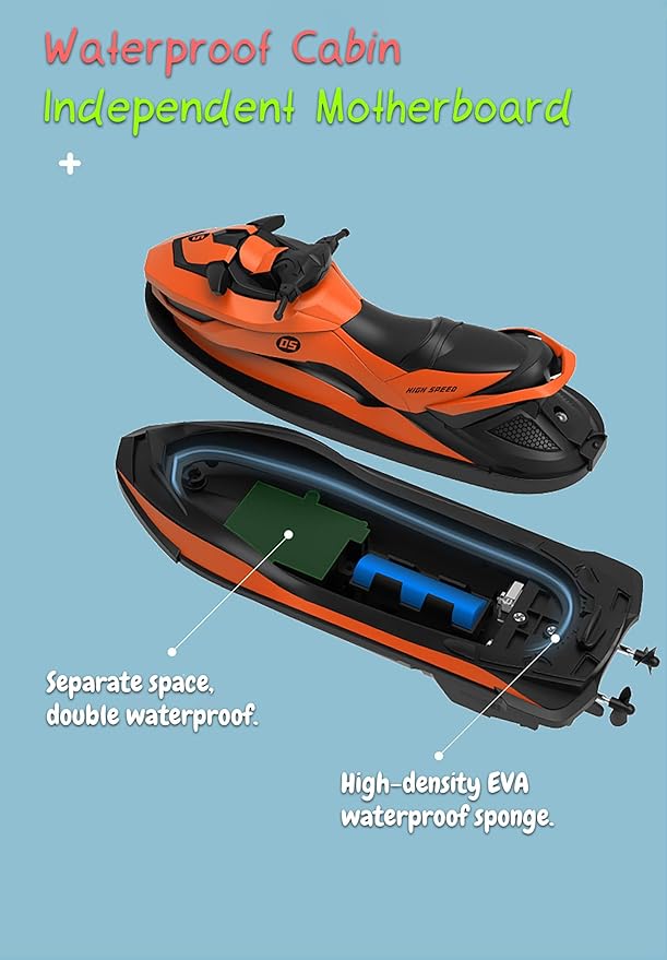 2.4 GHz RC Motorboat for Kids &amp Adults 10 km/h High-Speed Dual-Motor Electric Racing Jet Ski Toy 50 m Range 20 min Play Low-Battery Alarm Pool &amp Lake Ready (Orange)