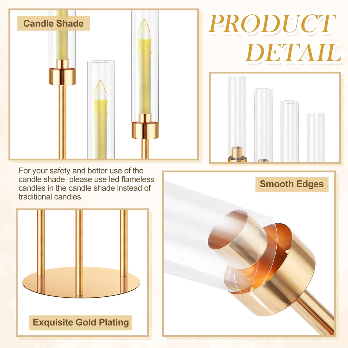 Suclain 4 Set 3 Arm Candelabra Centerpiece 33.8 Inch Candle Holder Gold Candelabra Metal Floor Pillar Candlesticks for Tables Wedding Home Party Decoration
