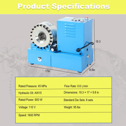 Electric Hydraulic Hose Crimper Tool 110V with 8 Dies, Portable Crimping Machine for R1 R2 Hydraulic Hoses, Automotive AC Line, Multi-Diameter Fuel Line Crimper Kit