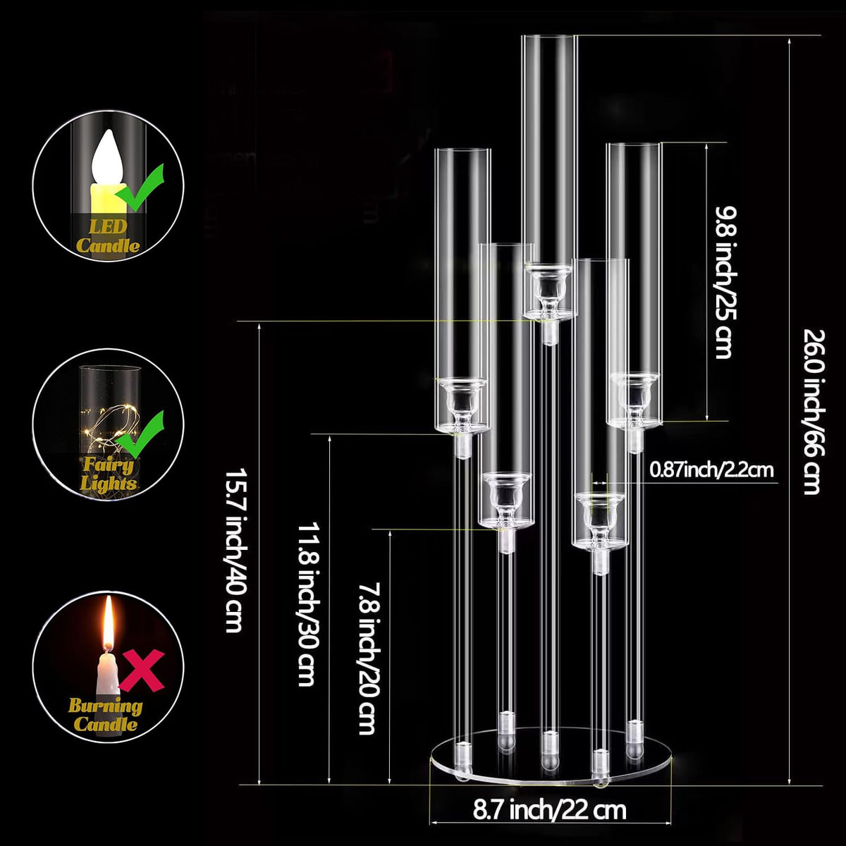 10pcs 5 Arm Acrylic Candelabra Centerpieces for Table,26inches Tall Clear Candlestick Holder Wedding Centerpieces for Party Birthday Dinner Event Fireplace Decortion Fit 0.87 led Candle