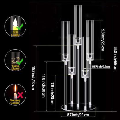10pcs 5 Arm Acrylic Candelabra Centerpieces for Table,26inches Tall Clear Candlestick Holder Wedding Centerpieces for Party Birthday Dinner Event Fireplace Decortion Fit 0.87 led Candle