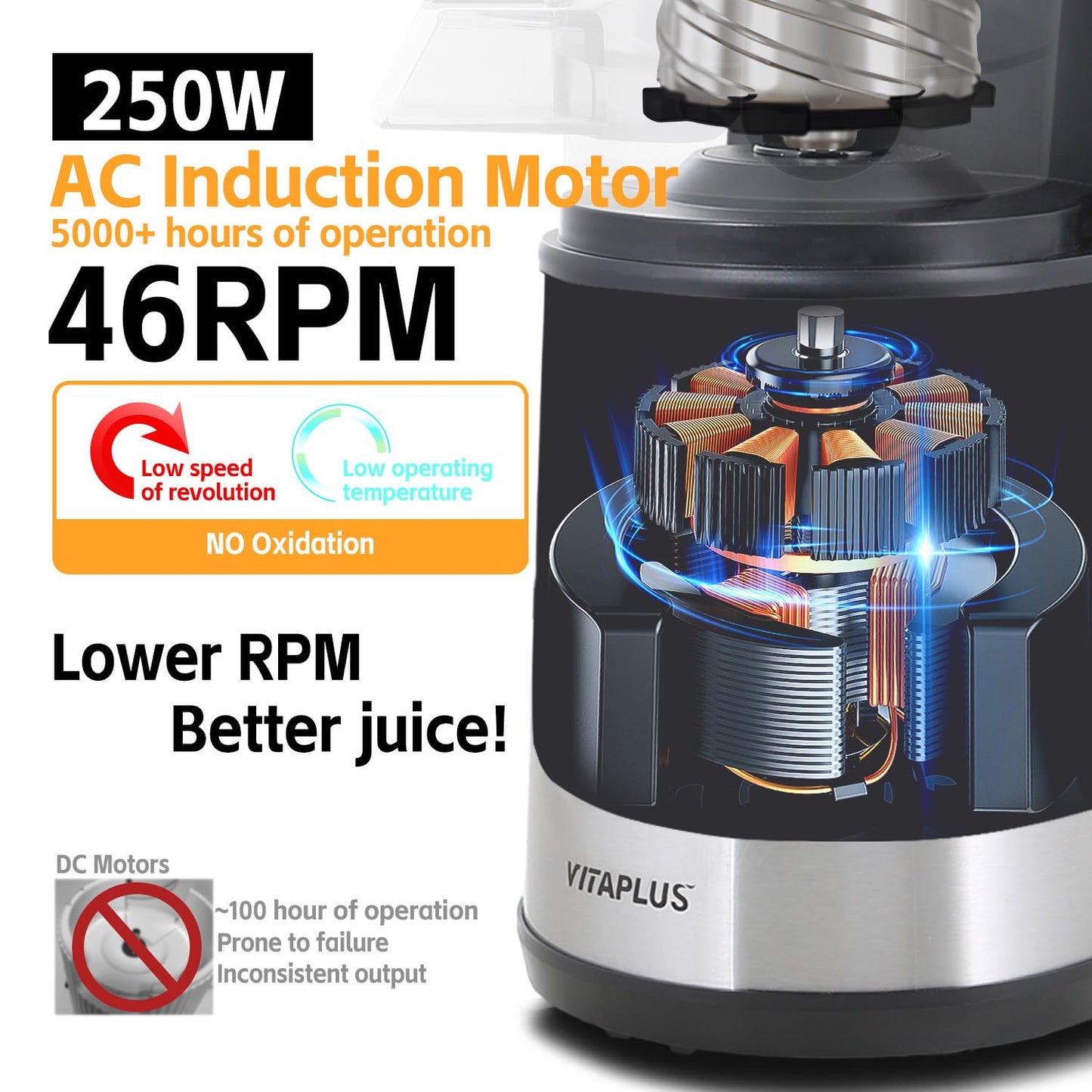 VITAPLUS Stainless Steel Auger Cold Press Juicer, AC Motor Slow Masticating Juicer, Plastic-Free Extractor for Whole Fruits & Vegetables, 5.8" Wide Chute, BPA-Free, Easy to Clean, FDA21 CFR Tested