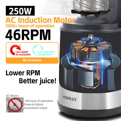 VITAPLUS Stainless Steel Auger Cold Press Juicer, AC Motor Slow Masticating Juicer, Plastic-Free Extractor for Whole Fruits & Vegetables, 5.8" Wide Chute, BPA-Free, Easy to Clean, FDA21 CFR Tested