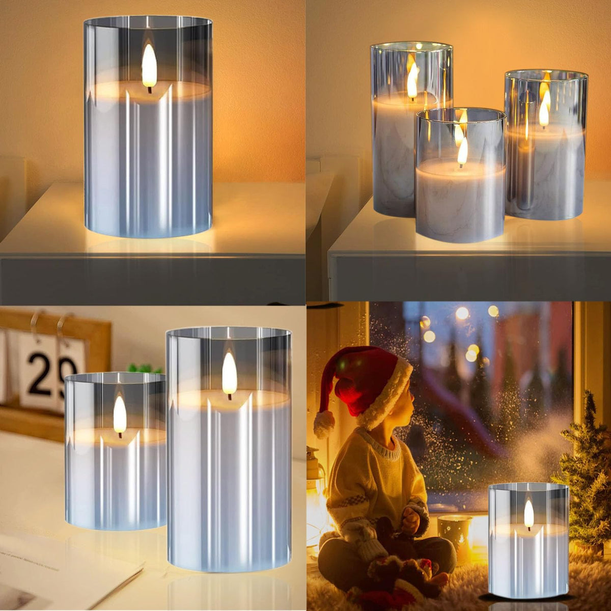 GPTMCZL Remotely Glass Battery Operated Candles, Grey Led Flameless Candles, with Remote and Timer Realistic Operation of LED Candle Light, Used for Party, Wedding, Festival Decoration(Pack of 3)