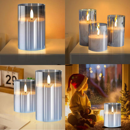 GPTMCZL Remotely Glass Battery Operated Candles, Grey Led Flameless Candles, with Remote and Timer Realistic Operation of LED Candle Light, Used for Party, Wedding, Festival Decoration(Pack of 3)