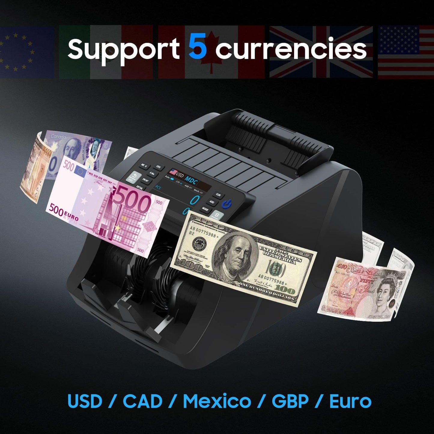 Mixed Denomination Money Counter CIS/MG/IR/DD/DBL/HLF/CHN，Dollar Euro MXN GBP CAD Money Counter Machine with Value Add Batch Modes on TFT Display