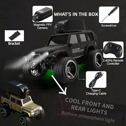 1:64 Scale 4WD Alloy Mini RC Crawler Car with FPV Camera 2.4GHz RTR Off-Road Mini Desktop RC Drift Car with LED Lights Adjustable Speed Dual Mode Model Vehicle Toy Gift for Adults Kids