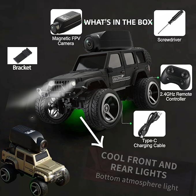 1:64 Scale 4WD Alloy Mini RC Crawler Car with FPV Camera 2.4GHz RTR Off-Road Mini Desktop RC Drift Car with LED Lights Adjustable Speed Dual Mode Model Vehicle Toy Gift for Adults Kids