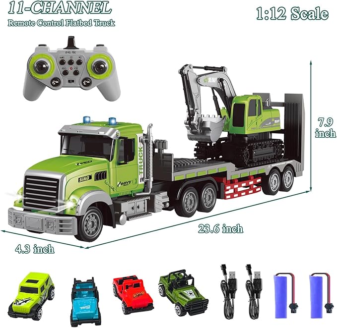 Fistone RC Semi-Trailer Truck &amp Excavator Toy Set 1:12 Scale with Sound and Lights 2.4Ghz Remote Control Flatbed Truck and Excavator Toys for Boys 6-12 Years Old