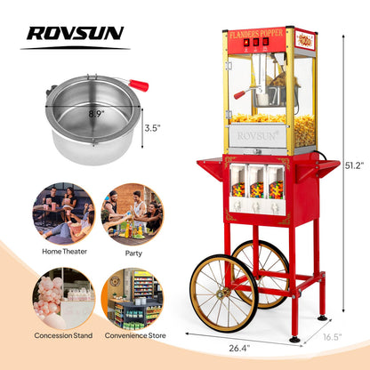 ROVSUN Popcorn Machine Cart with Candy Dispenser, 8 Oz Kettle Makes Up to 32 Cups ETL, Popcorn Maker w/Scoop, Oil Spoon, Bags & Cups, Movie Theater Style Popper for Commercial Home Party, Red