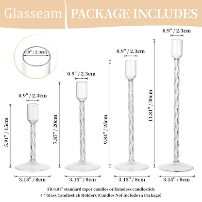 Glasseam Glass Candlestick Holders Clear: Taper Candle Holders Set of 4 Tall Candle Stick Candle Holder for Tapered Candles Decorative Candle Holders for Table Centerpiece Wedding Christmas Home Decor