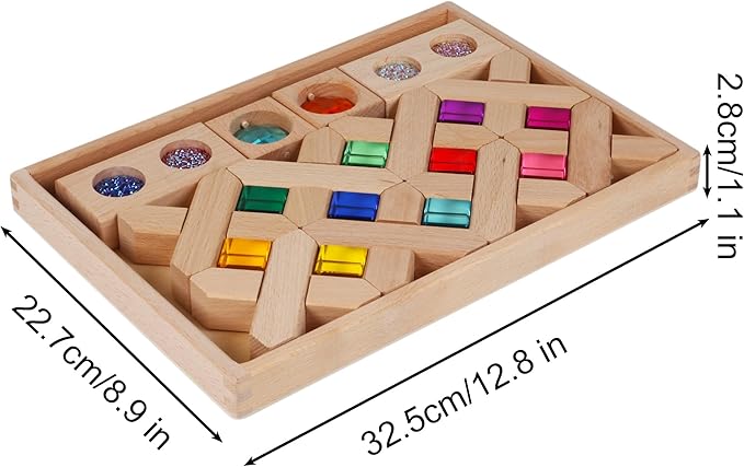 22PCS Wooden Cross Shape Blocks with Colorful Acrylic Sparkling Square Monochrome Kaleidoscope Gem Educational Construction Toy for Toddlers (22PCS Fence Mixed)