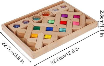 22PCS Wooden Cross Shape Blocks with Colorful Acrylic Sparkling Square Monochrome Kaleidoscope Gem Educational Construction Toy for Toddlers (22PCS Fence Mixed)