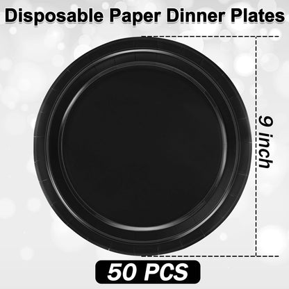 50 Pieces of Paper Plates, Round Black Party Plates Pack, Disposable 9 Inches Paper Dinner Plates, Everyday Use Plates for Daily Meals Picnic Camping Birthday Christmas Thanksgiving Supplies
