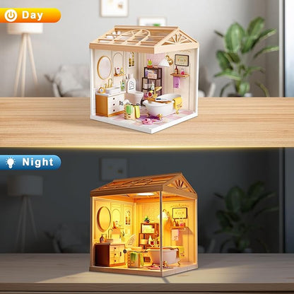 DIY Miniature House Kit with Roof &amp Dust Covers Creative Construction Toys with Light &amp Furniture for Mini Figures Christmas Decoration Gift for Teens Adults (Bathroom)