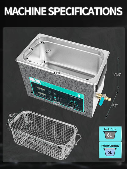 SupRUCCI Ultrasonic Cleaner 6L, Sweep Function, 180W Power Adjustable Ultrasonic Parts Cleaner for Cleaning Carburetor, Metal Engine Parts, Gun, Oil Filter, Bike Chain, Gear, Eyewear, Watch, Jewelry