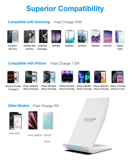 Fast Wireless Charger, [2 Pack] NANAMI Qi Certified Wireless Charging Stand Compatible iPhone 17/17 Air/17 Pro/17 Pro Max/16/15/14/13/12, Phone Charger for Galaxy S25/S24/S23/S22 and Qi-Enabled Phone