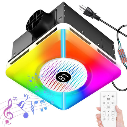 Bullro Bathroom Exhaust Fan with Bluetooth Speaker and Light, Plug & Play Installation, 230 CFM/1.5 Sone Bathroom Vent Fan, 7 RGB Lighting and 3 Music Rhythms, Remote Control, 3000K-6500K Adjustable
