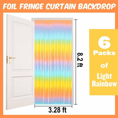 6 Pack Light Rainbow Foil Fringe Curtains Backdrop, 3.28 x 8.2 Ft Metallic Streamers Tinsel Curtains Background for Photo Booth, Birthday, Christmas, Halloween, New Year Party Decorations