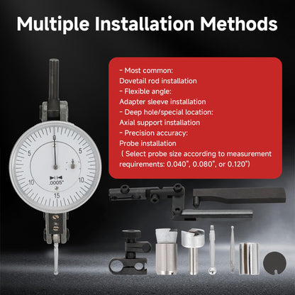 0-0.060"/0.0005" Dial Test Indicator with Dovetail Mount,Two Dovetail Clamps,1.5'' Dial Diameter Horizontal Test Indicator,0-15-0 Dial Reading
