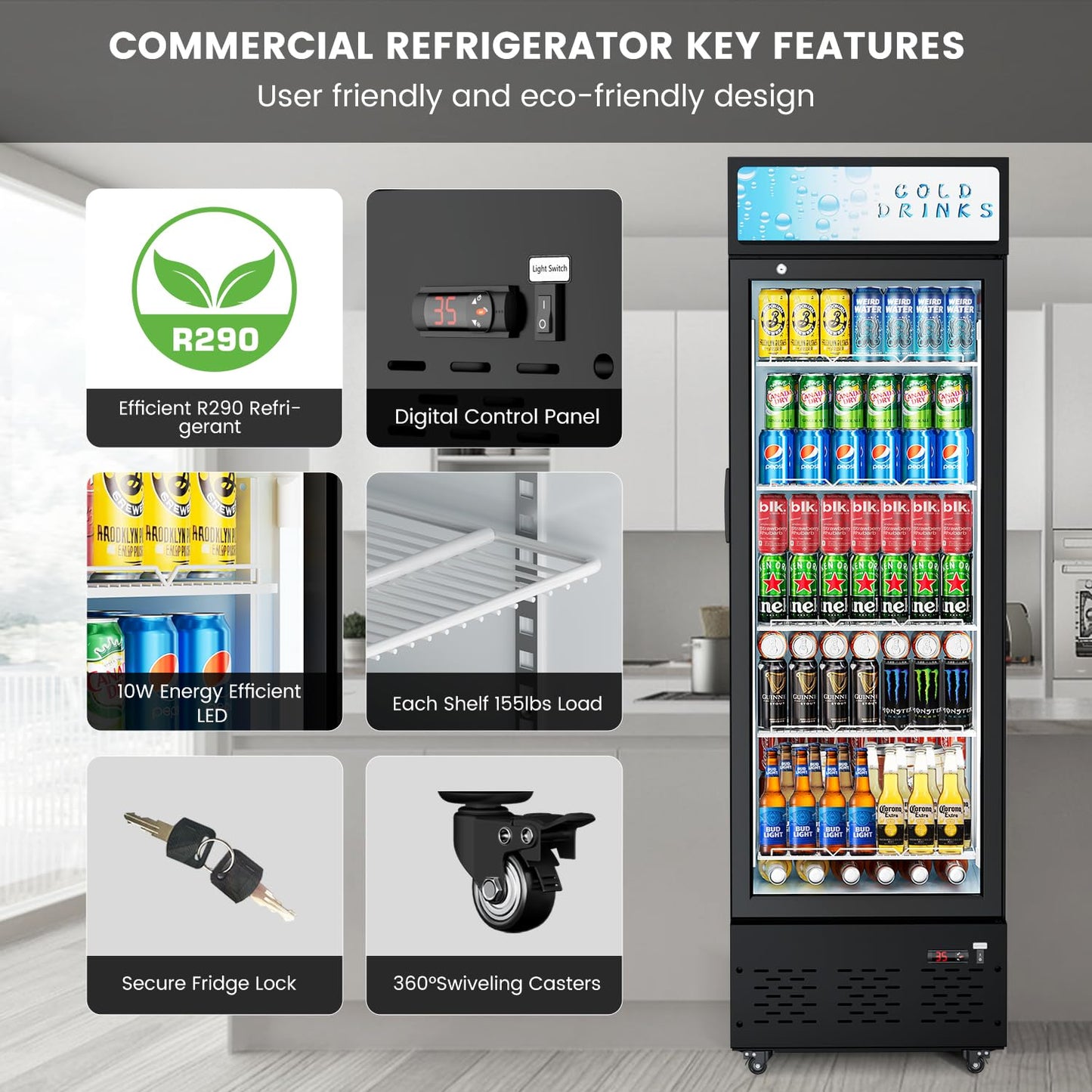 FreezLabs Glass Door Refrigerator Commercial Beverage Refrigerators with LED Light, 11 Cu.ft and 5 Shelves, Display Refrigerator for Cafe Restaurant Store Bar