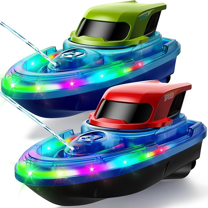 SYMA 2 Pack RC Boats for Kids Remote Control Boats for Pool 7-Mode LED Light Up &amp Water Spray Up to 40 Min Total (2 Batteries) 2.4GHz 164 ft Range Gift for Boys &amp Girls