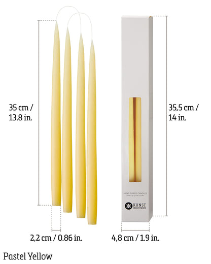 Kunstindustrien® Taper Candles, Set of 4, 13.8" – Made in Denmark, Long Burning Candles 15h, Unscented & Smokeless Candlesticks – Elegant Tall Candles for Weddings Dinners & Home Decor (Pastel Yellow)