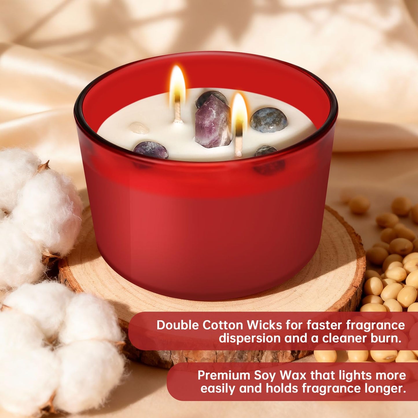 Ikeda Fragrance Gift for Christmas | Scented Candle for Love Wishes | Home Aromatherapy Candle with Crystals Stone | 18.7Oz Soy Jar Candle | Double Wick and 50-Hour Burn Time(Red, Floral)